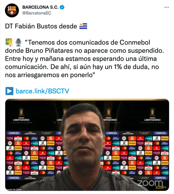 Barcelona SC tendría lista la alineación para enfrentar a Montevideo City por Libertadores 1 FABIÁN BUSTOS DT - BARCELONA SC