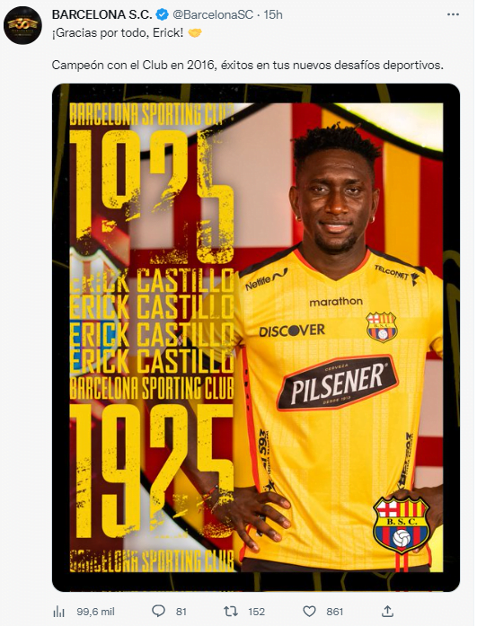 Barcelona no contará con Erick Castillo para la siguiente temporada de la LigaPro 2 Barcelona no contará con Erick Castillo para la siguiente temporada de la LigaPro