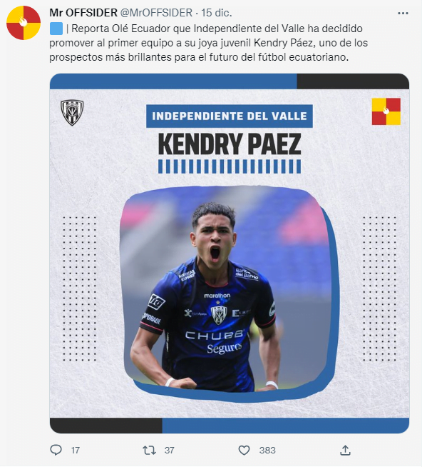 Con tan solo 15 años Kendry Páez será promovido al primer equipo de IDV para en el 2023