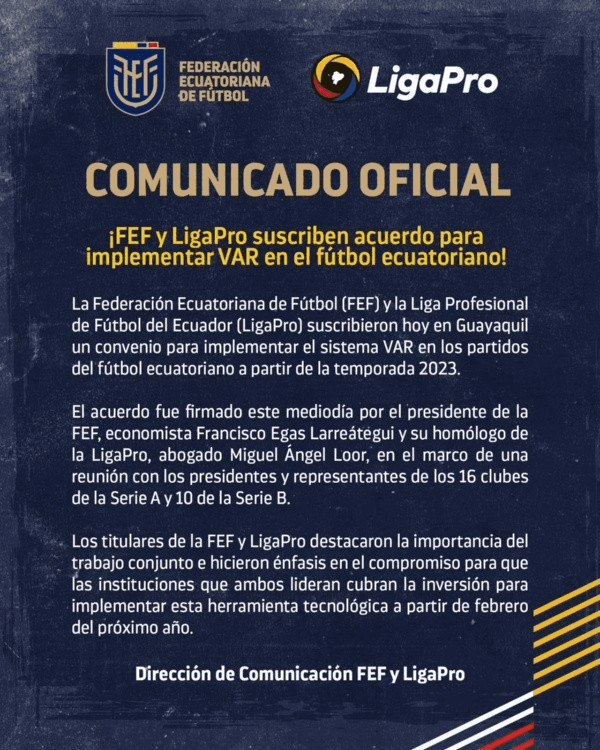 El VAR no estará disponible en todos los partidos de la LigaPro 2023 23 ACUERDO FEF - LIGA PRO VAR