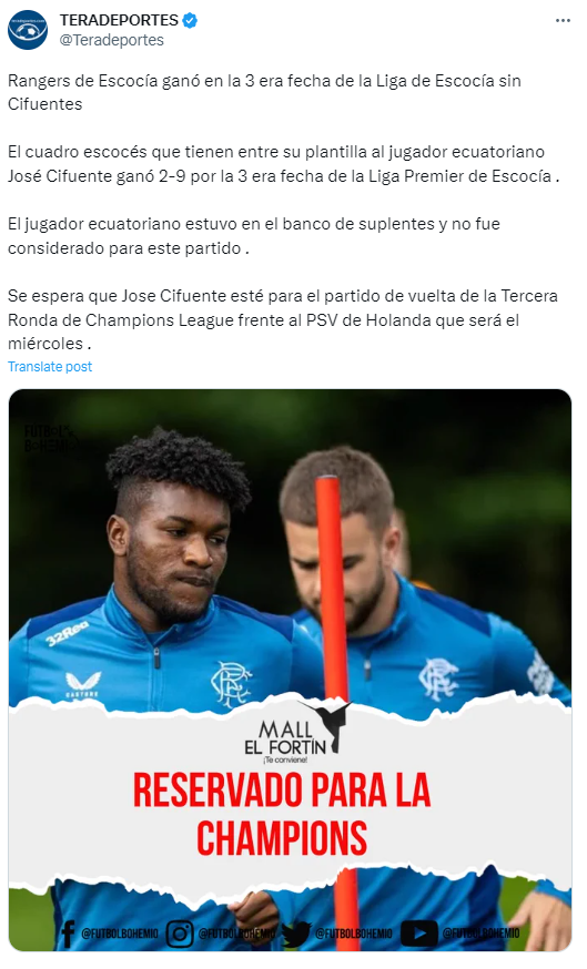 José Cifuentes: Rangers toma una decisión estratégica de cara al partido por Champions League