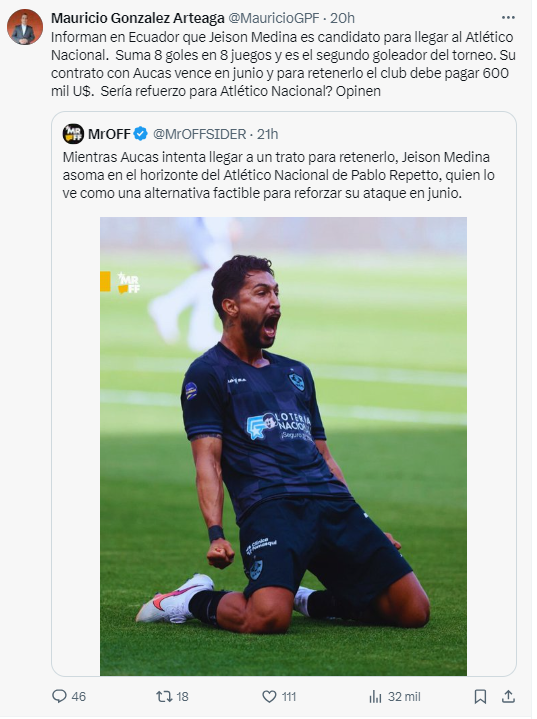 Pablo Repetto podría desviar a Jeison Medina del Aucas hacia Atlético Nacional