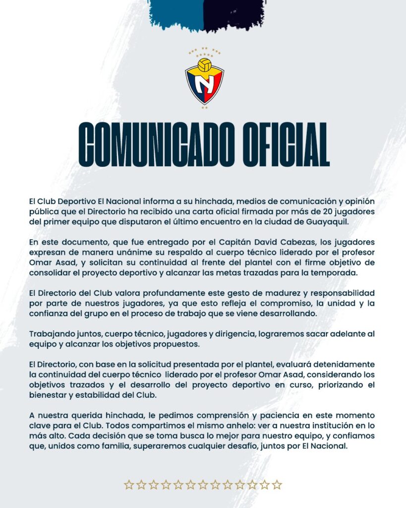 ¿Respaldo total al Turco? El Nacional escucha al plantel y le da aire a Omar Asad