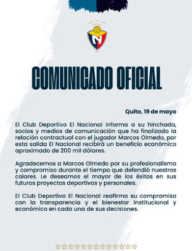 ¿Adiós con ganancia? El Nacional se despide de Marcos Olmedo