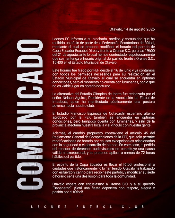 Leones FC y su cambio de horario en Copa Ecuador