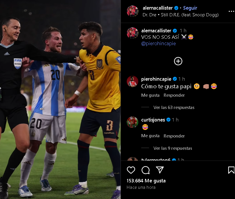 El cruce entre Alexis Mac Allister y Piero Hincapié en el Ecuador vs. Argentina 1 El cruce entre Alexis Mac Allister y Piero Hincapié