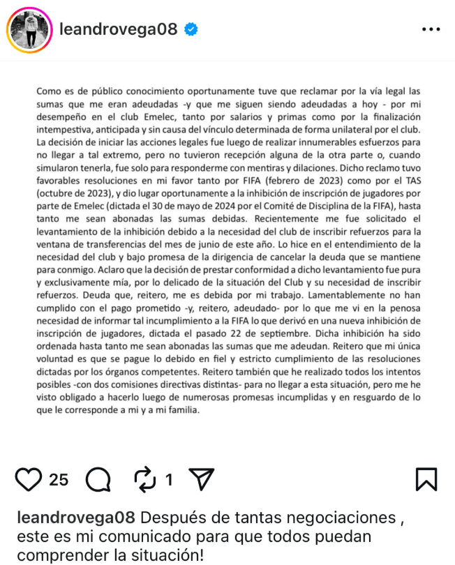 Leandro Vega rompe el silencio