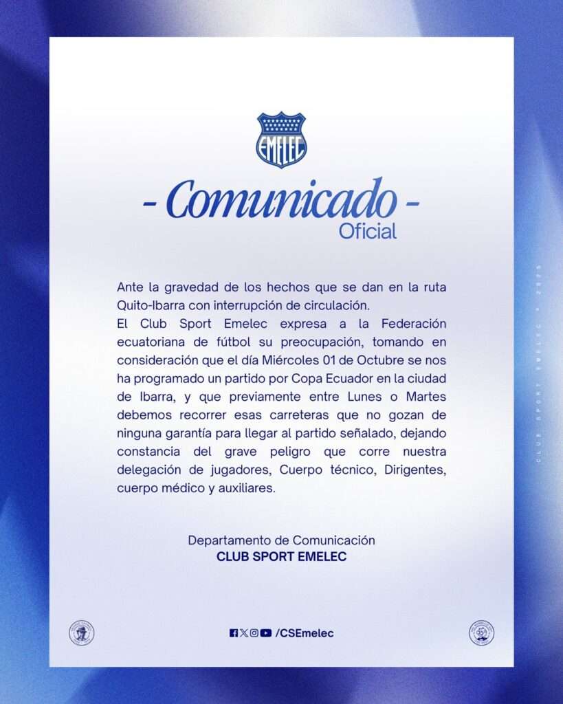 Emelec alerta sobre seguridad en su viaje a Ibarra por la Copa Ecuador 1 Emelec alerta sobre seguridad en su viaje a Ibarra por la Copa Ecuador