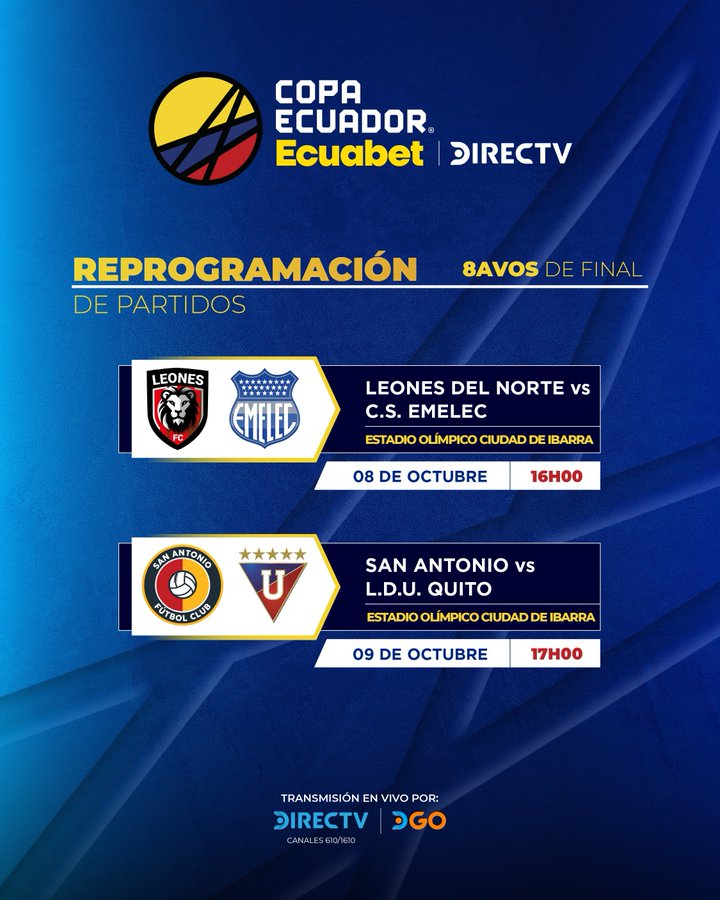 ⚽ Copa Ecuador 2025: reprogramados Leones FC vs. Emelec y San Antonio vs. LDU 2 Copa Ecuador 2025: reprogramados Leones FC vs. Emelec y San Antonio vs. LDU