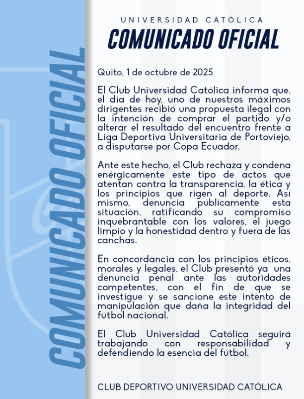 Universidad Católica denuncia intento de amaño en la Copa Ecuador