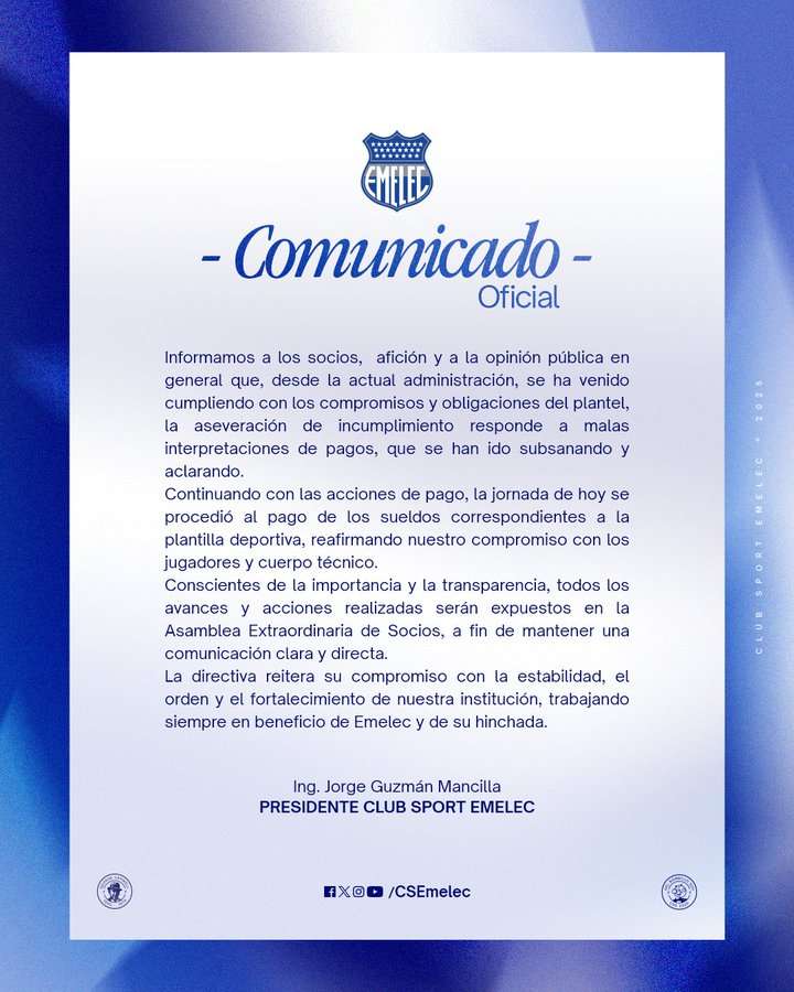 Emelec aclara situación salarial con comunicado oficial tras paro de entrenamientos