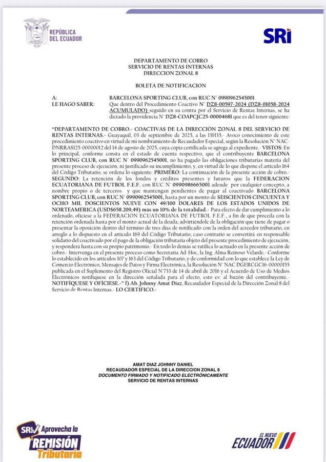 Barcelona SC afronta grave problema con el SRI en pleno Centenario