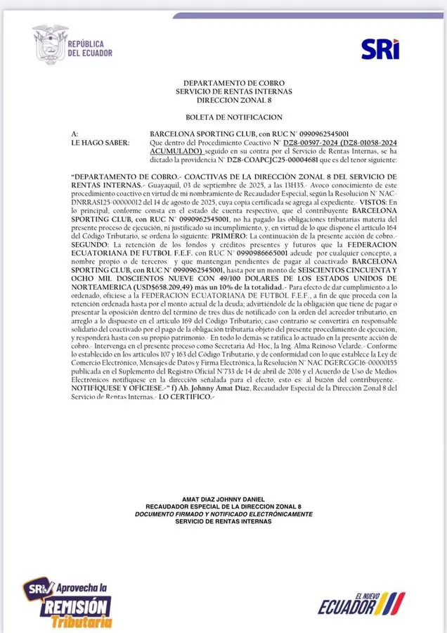 Barcelona SC afronta grave problema con el SRI en pleno Centenario 1 Barcelona SC afronta grave problema con el SRI en pleno Centenario