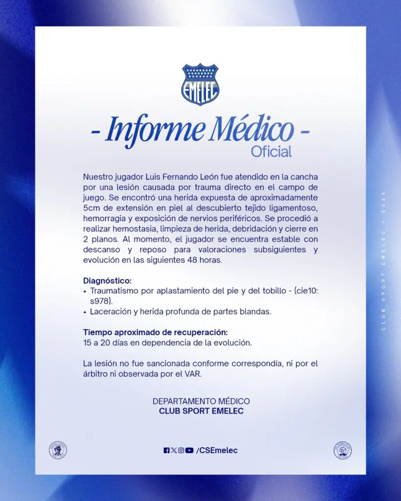 Luis Fernando León (Emelec): Parte Médico, Lesión y Tiempo de Recuperación