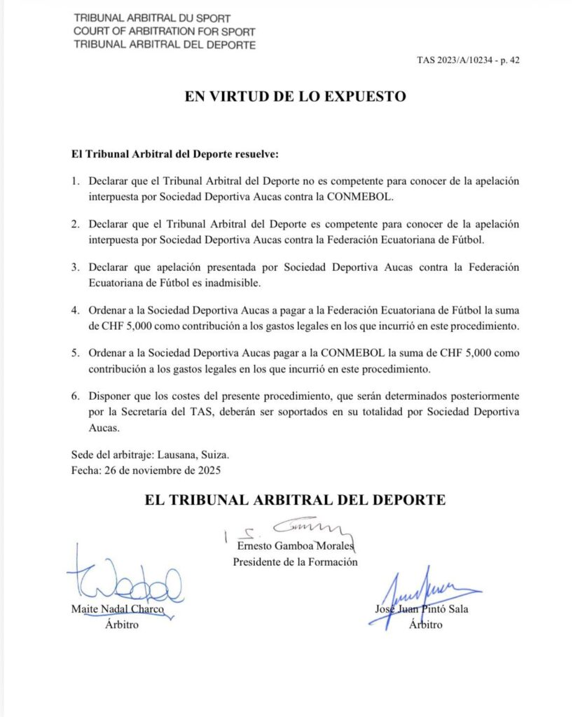 El TAS falló contra Aucas por la petición económica como campeón de LigaPro 2022