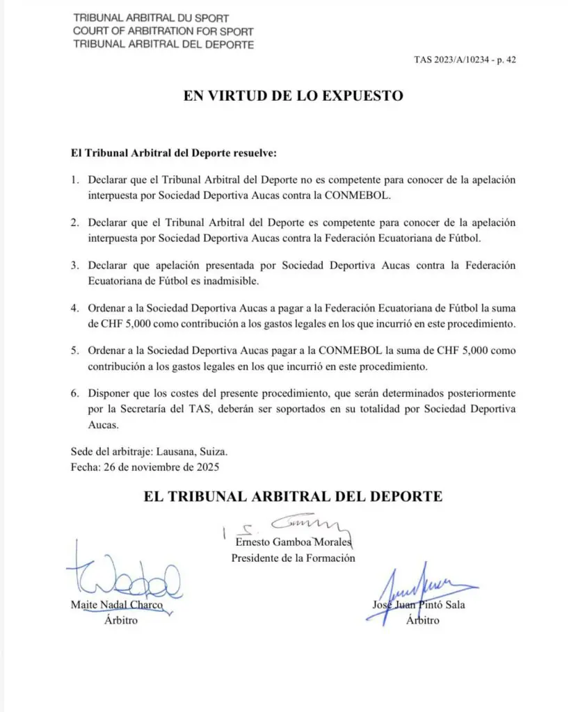 El TAS falló contra Aucas por la petición económica como campeón de LigaPro 2022