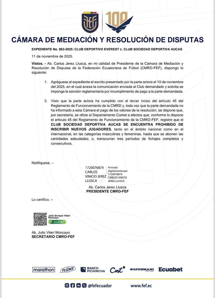 Aucas Sancionado: Prohibición de Fichajes por Deudas en la FEF 23 Aucas Sancionado: Prohibición de Fichajes por Deudas en la FEF