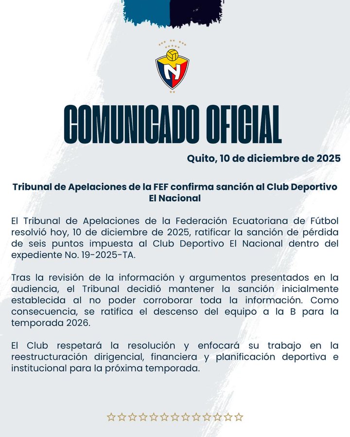 El Nacional descendió a la Serie B