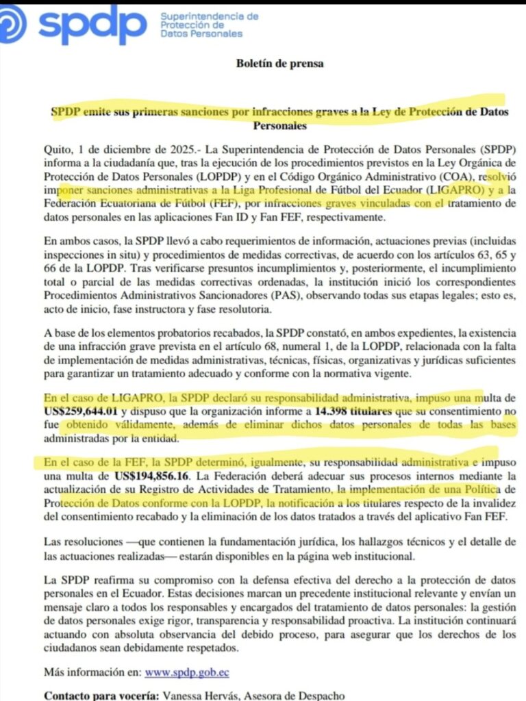 Duras sanciones a LigaPro y FEF por mal manejo de datos personales 2 Duras sanciones a LigaPro y FEF por mal manejo de datos personales
