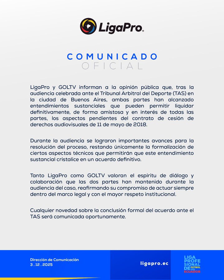 LigaPro y GOLTV cerca de un acuerdo definitivo tras audiencia en el TAS