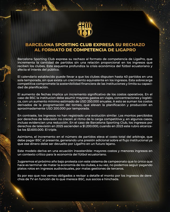 Barcelona SC expresó su rechazo al nuevo formato de competencia de la LigaPro2026 por inviabilidad económica