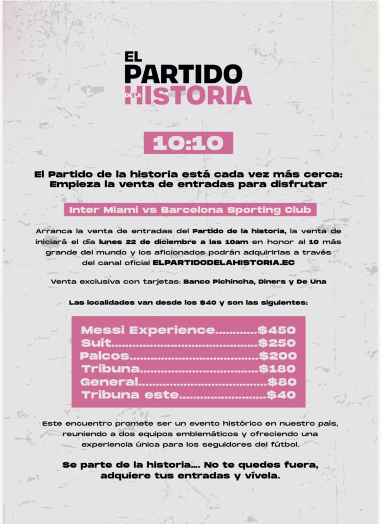 Arranca la venta de boletos para el histórico Barcelona SC vs. Inter Miami