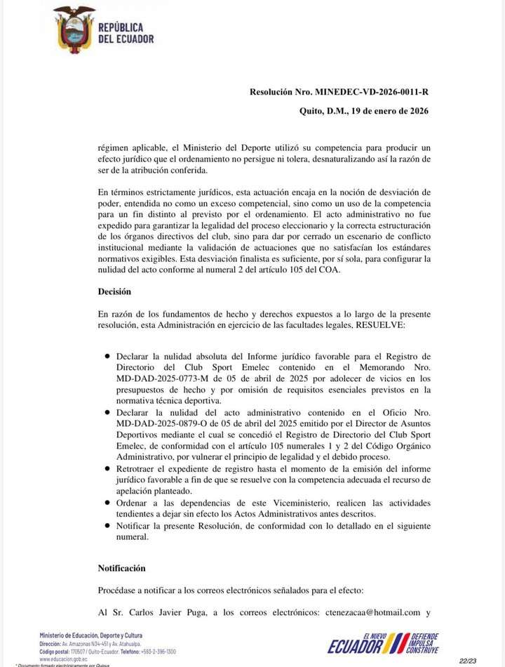 Ministerio del Deporte declara nulidad en Emelec: Se confirma interventor y nuevas elecciones 24 Ministerio del Deporte declara nulidad en Emelec: Se confirma interventor y nuevas elecciones