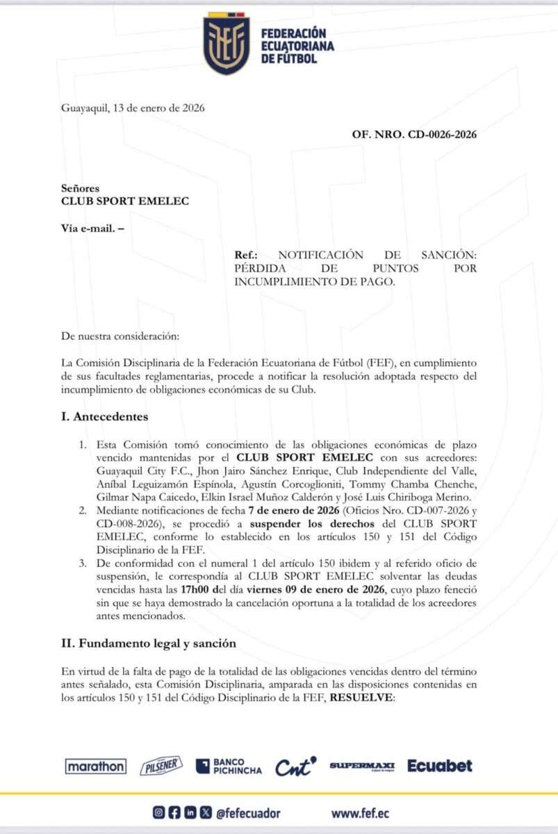 Durísima sanción de la FEF: Emelec iniciará la LigaPro 2026 con menos tres puntos por deudas 23 Durísima sanción de la FEF: Emelec iniciará la LigaPro 2026 con menos tres puntos por deudas