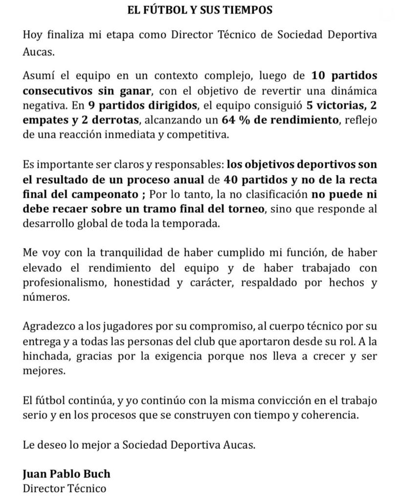 Juan Pablo Buch tras su salida de Aucas: "Los procesos se construyen con tiempo y coherencia"