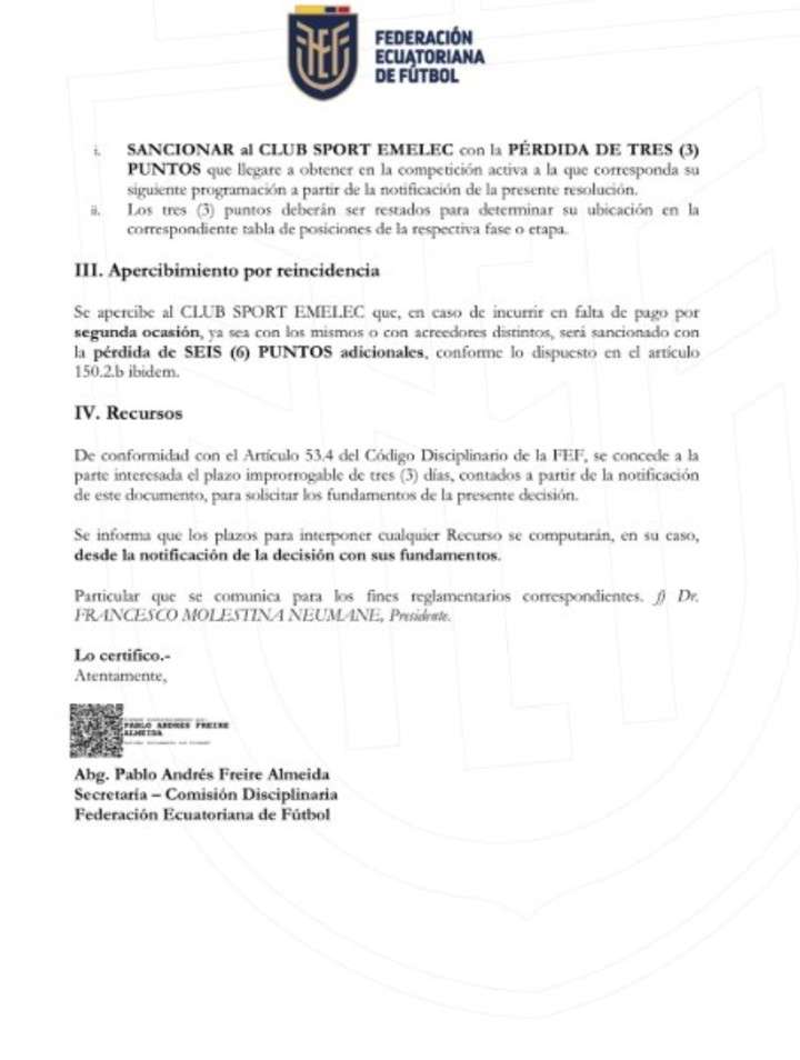 Durísima sanción de la FEF: Emelec iniciará la LigaPro 2026 con menos tres puntos por deudas 24 Durísima sanción de la FEF: Emelec iniciará la LigaPro 2026 con menos tres puntos por deudas
