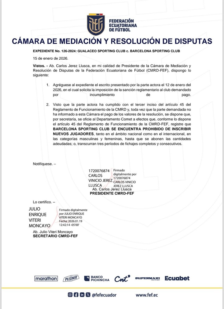 Sanción de la FEF a Barcelona SC: Deuda con Gualaceo bloquea inscripción de fichajes