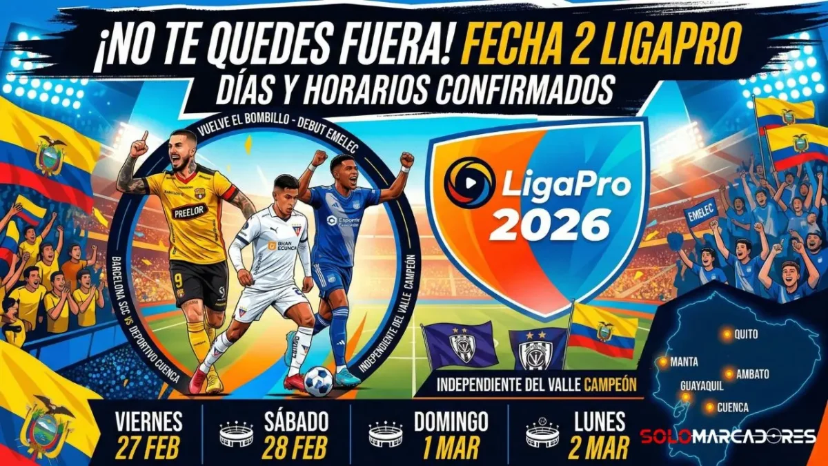 Infografía de la Fecha 2 de la LigaPro 2026 con el calendario de partidos del viernes 27 de febrero al lunes 2 de marzo, incluyendo el logo oficial y un mapa de las sedes en Ecuador.