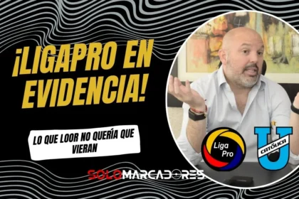 Composición visual para noticia de Universidad Católica vs Emelec con fotografía de Miguel Ángel Loor y titulares llamativos sobre la polémica de los documentos de suspensión del partido en Ecuador.