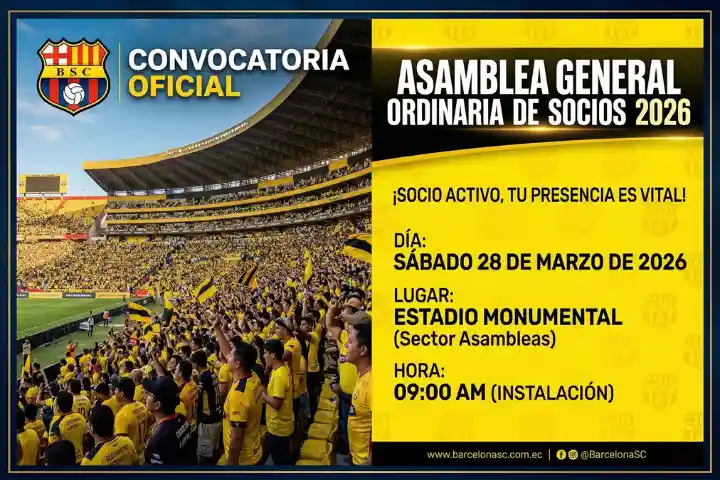 La Asamblea Barcelona SC 2026 ha sido convocada oficialmente por la directiva del club para el próximo sábado 28 de marzo.
