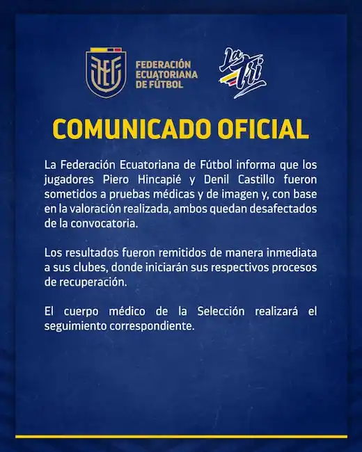 La Tri publicó un comunicado oficial en el que confirmaron las bajas de Hincapié y Castillo, quienes fueron evaluados por el cuerpo médico, y posteriormente se tomó la decisión de que regresen a sus clubes, donde les realizarán exámenes más exhaustivos para determinar qué son las molestias que arrastran.