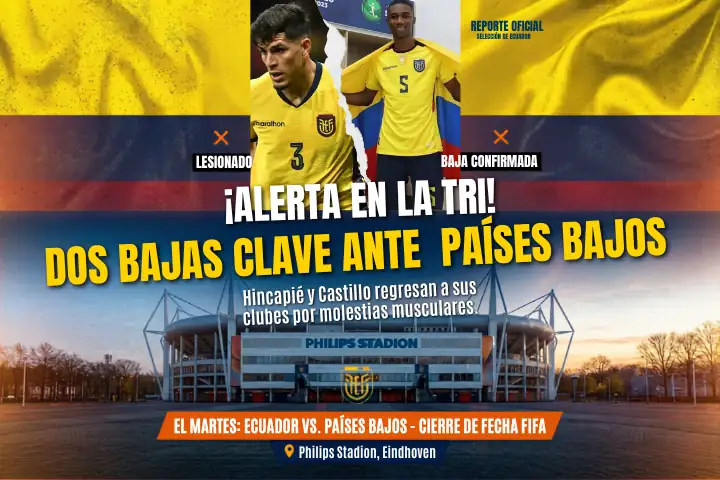 Piero Hincapié y Denil Castillo son bajas confirmadas en la Selección de Ecuador. Conoce el reporte médico de La Tri previo al duelo ante Países Bajos.