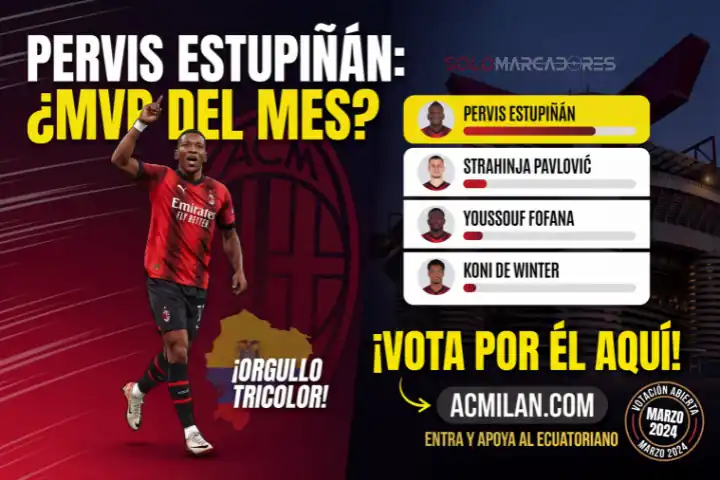 Pervis Estupiñán destaca en la lista del AC Milan al mejor jugador de marzo. Conoce a sus rivales y los pasos para votar por el lateral ecuatoriano.