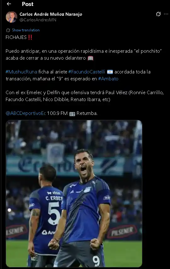 El "Ponchito" sacude el mercado: Facundo Castelli es el nuevo delantero de Mushuc Runa 2 Mushuc Runa SC cierra el fichaje sorpresa de Facundo Castelli. El delantero argentino se une al "Ponchito" para fortalecer el ataque junto a Ronnie Carrillo.