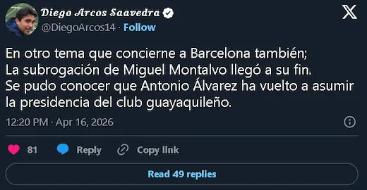 Antonio Álvarez retoma el mando en Barcelona SC tras superar su proceso legal 24 Antonio Álvarez vuelve a la presidencia de Barcelona SC tras el Caso Goleada. Conoce los detalles de su retorno y el fin de la subrogación de Montalvo.