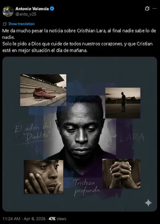 Antonio Valencia envió un mensaje de apoyo a Christian ‘Diablito’ Lara tras su detención en Quito. Conoce los detalles de la reacción del capitán tricolor.