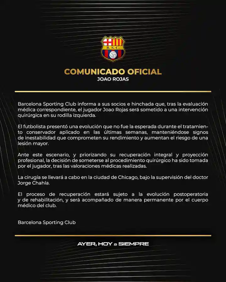Alarma en Barcelona SC: Joao Rojas al quirófano por lesión de rodilla 24 Joao Rojas anuncia que se someterá a una cirugía de rodilla en Chicago. El jugador de Barcelona SC no pudo superar la lesión de ligamento cruzado de 2025.