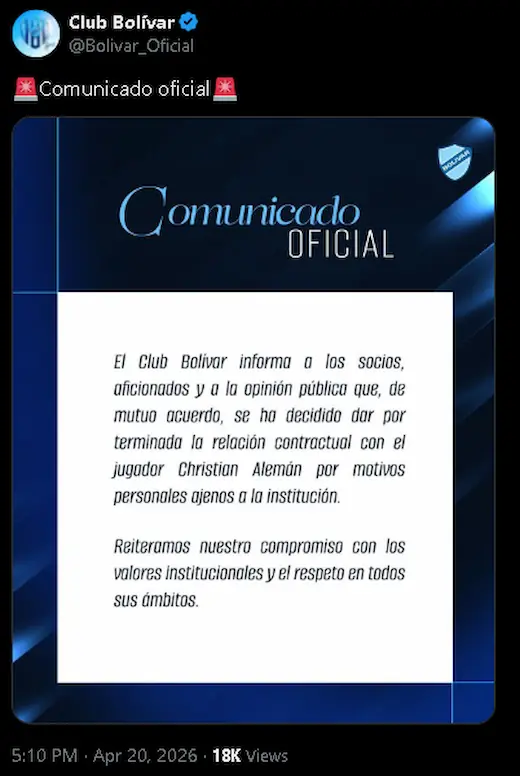 Christian Alemán se despide de Bolívar: un adiós consensuado en La Paz 24 El Club Bolívar oficializó la salida de Christian Alemán por motivos personales. El ecuatoriano queda libre tras un acuerdo mutuo con la directiva.