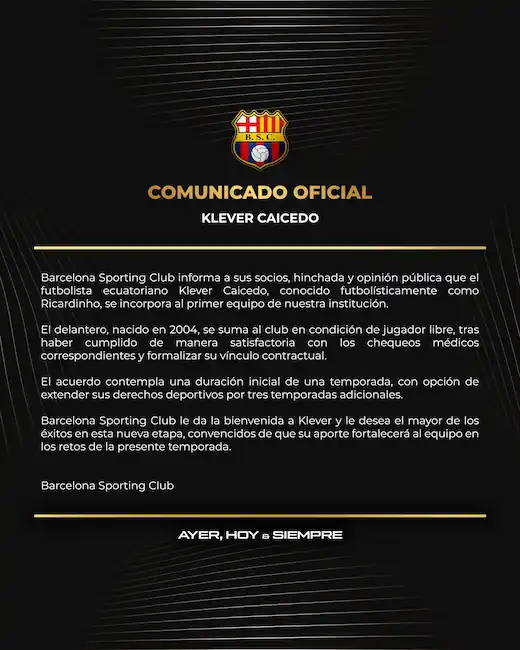 Barcelona SC anunció oficialmente a Klever 'Ricardinho' Caicedo como refuerzo. Firma por una temporada con opción a tres años más. 