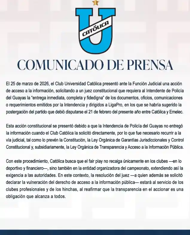 Universidad Católica presentó una acción judicial para obtener los documentos que postergaron el partido de Universidad Católica ante Emelec.