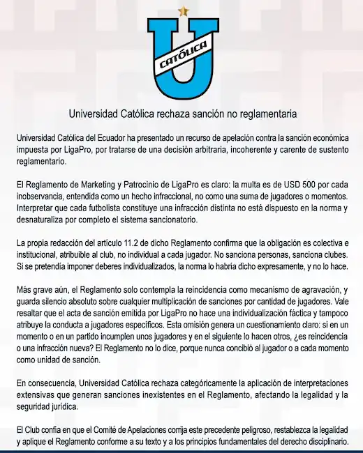 Universidad Católica apela la sanción de USD 19.000 impuesta por LigaPro. El club denuncia una interpretación arbitraria del reglamento de marketing.