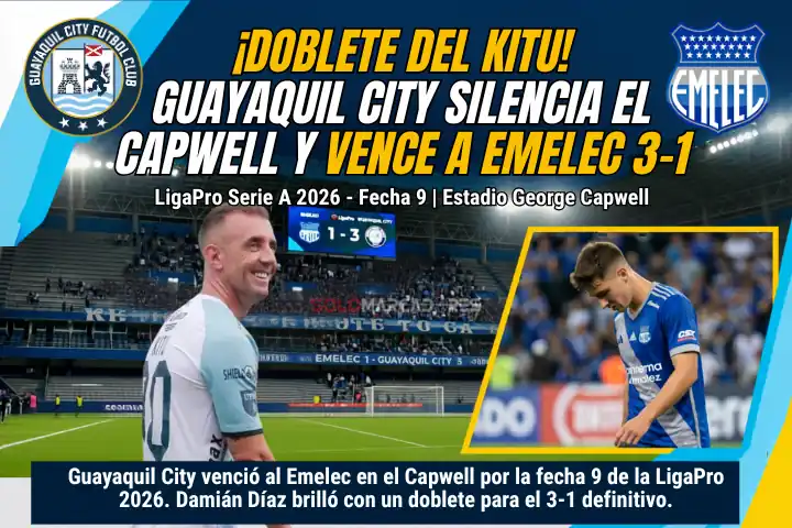 El City silencia el Capwell: El 'Kitu' Díaz amarga la noche de Emelec 23 Guayaquil City venció al Emelec en el Capwell por la fecha 9 de la LigaPro 2026. Damián Díaz brilló con un doblete para el 3-1 definitivo.