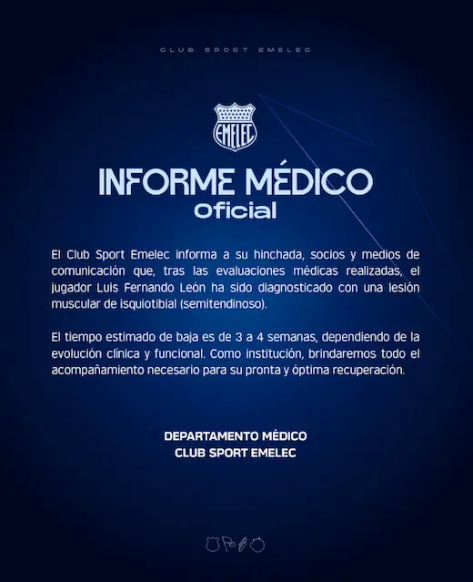 Emelec confirma la baja de Luis Fernando León por lesión en el isquiotibial. Conoce el tiempo de recuperación y el diagnóstico médico oficial aquí.