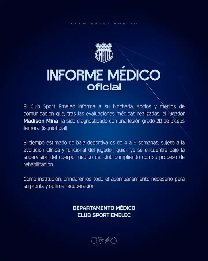 Madison Mina será baja en Emelec por lesión muscular 24 Comunicado médico oficial de Emelec sobre el estado de salud de Madison Mina.