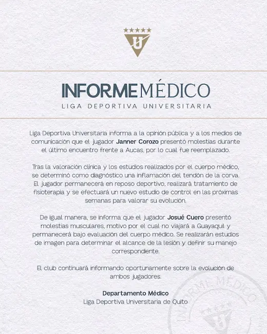 Janner Corozo y Josué Cuero: Las nuevas bajas de Liga de Quito tras el duelo ante Aucas 24 Liga Deportiva Universitaria confirma la lesión de Janner Corozo y la baja de Josué Cuero.