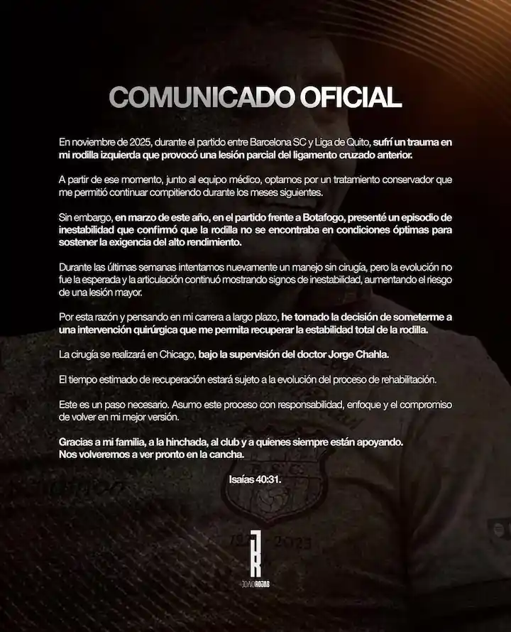 Alarma en Barcelona SC: Joao Rojas al quirófano por lesión de rodilla 23 Joao Rojas anuncia que se someterá a una cirugía de rodilla en Chicago. El jugador de Barcelona SC no pudo superar la lesión de ligamento cruzado de 2025.